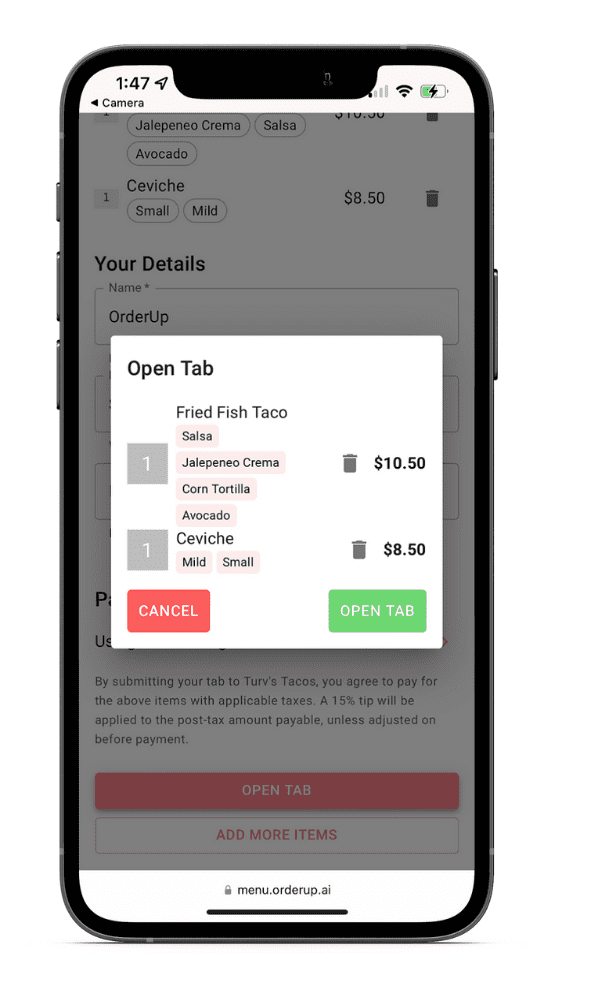 Opening a tab at a restaurant from your phone. Shows food orders with a green button to open tab.