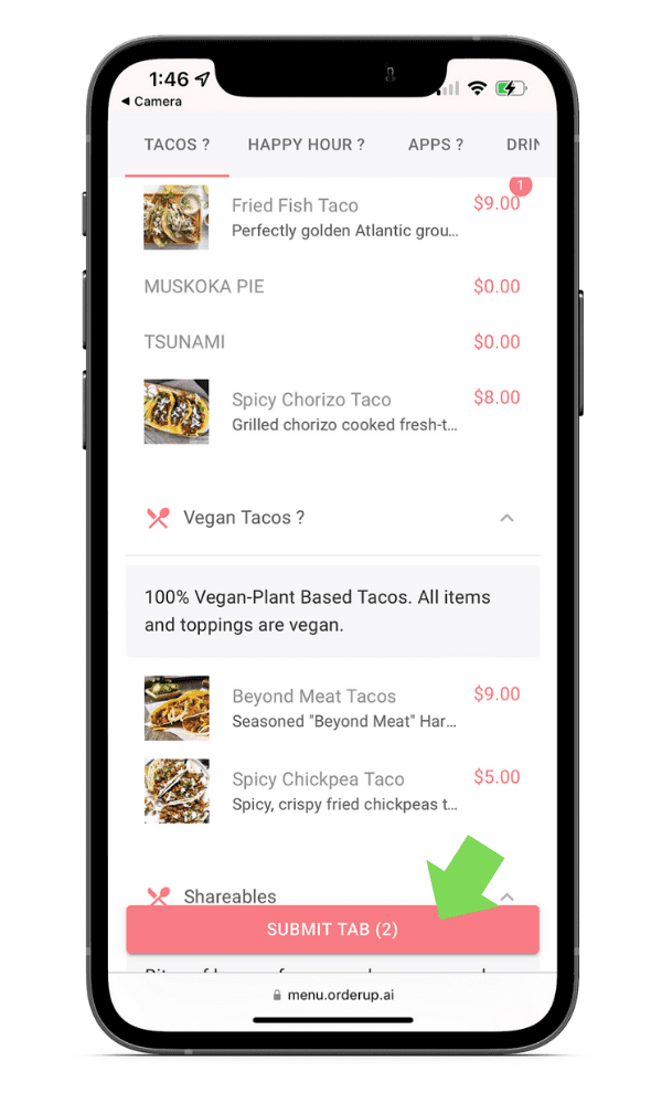 Submit tab on a digital menu to place an order at a restaurant from your mobile phone