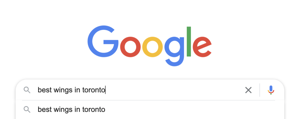 Google search: "best wings in toronto" showing the first result. mobile friendly digital menus can help restaurants rank on google locally