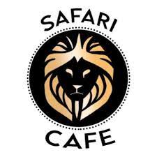 Safari Cafe Logo Safari written in black along the top, with a golden image within a black circle below, and Cafe written in black along the bottom of the circle.